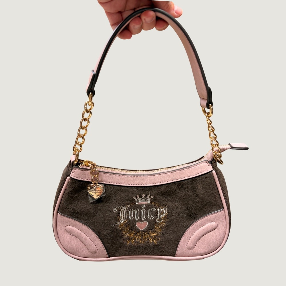 Juicy Couture Heritage Baguette Shoulder Bag Velour Chocolate Pink NWOT Y2K